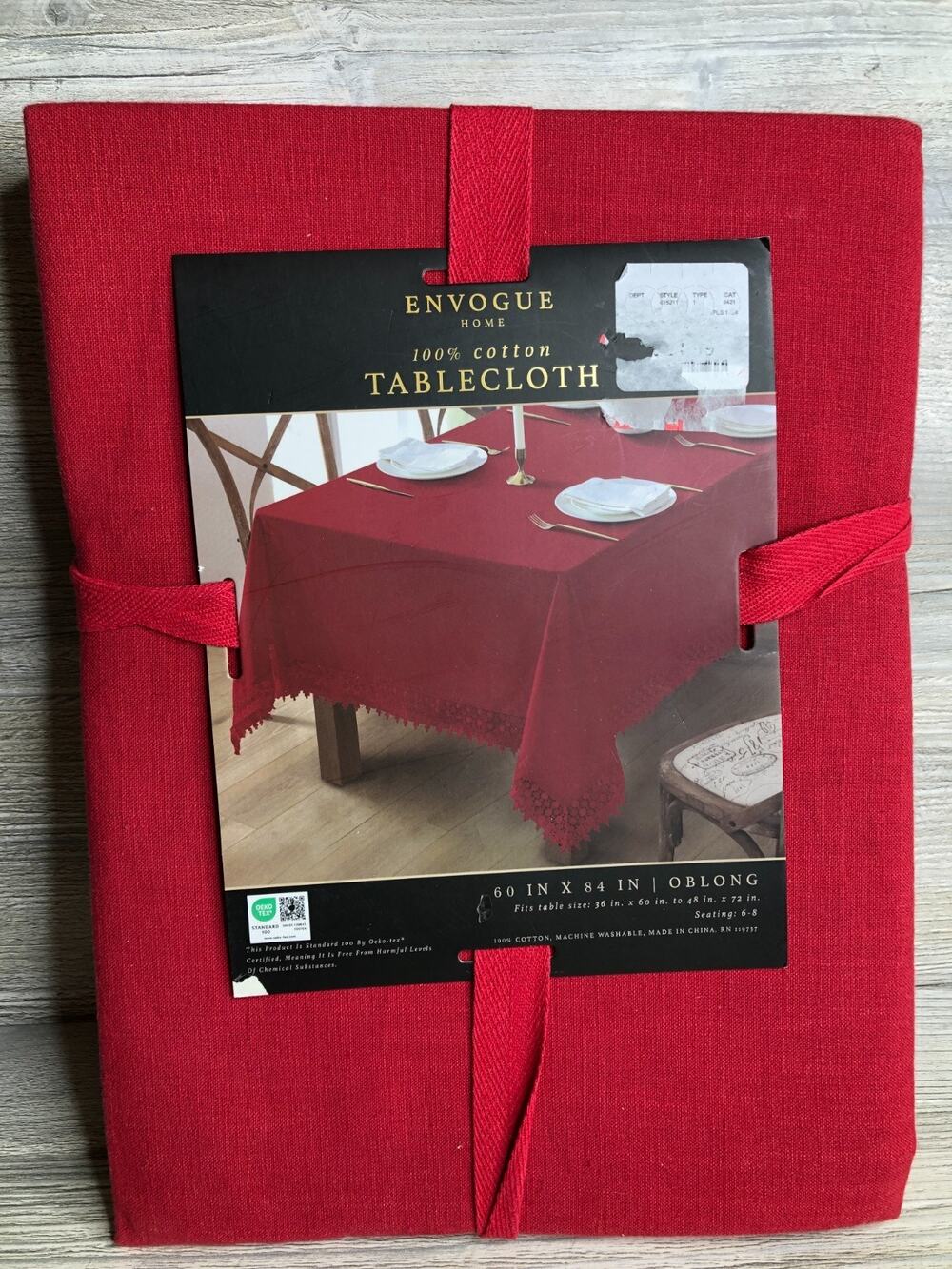 Envogue Tablecloth 60x84 Oblong Red Lace Trimmed 100% Cotton Christmas Holidays